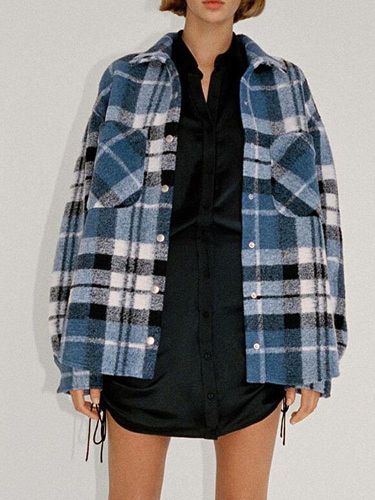 

Women's Jackets Retro Simple And Versatile Pocket Decoration Straight Loose Plaid Shirt Casual Jacket WomenWomen's, Blue
