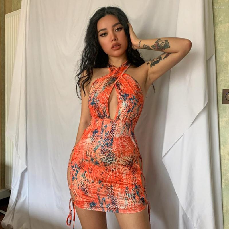 

Casual Dresses Backless Side Bandage Hollow Out High-Waist Hip Wrap Club Dress Sexy 3D Digital Print Cross Halter Skinny Mini Streetwear, Multicolor