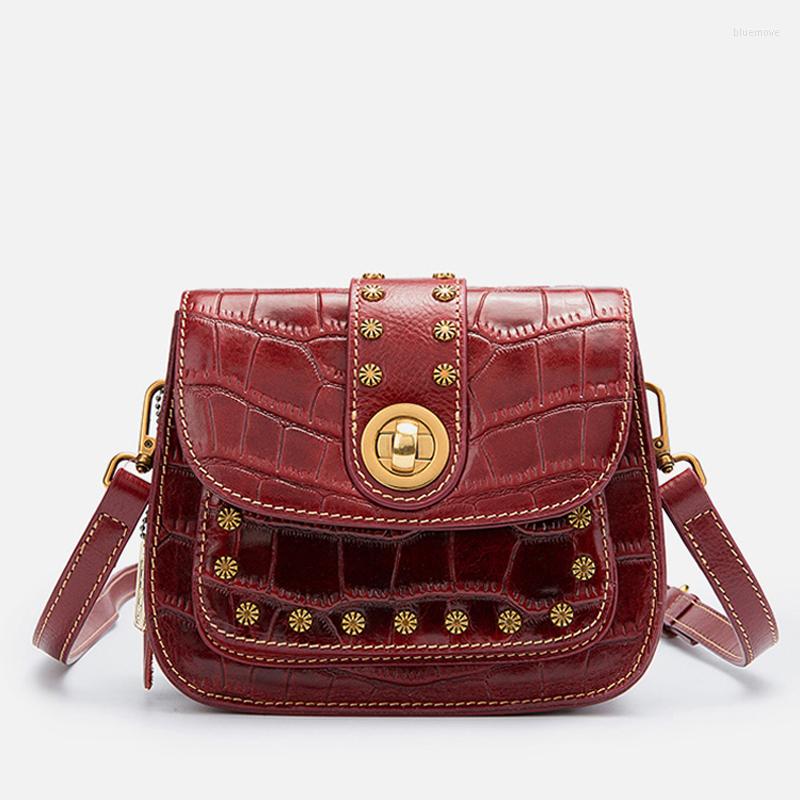 

Shoulder Bags Female Bag Oil Wax Genuine Leather Real Cowhide Retro Rivets Small Flap Lady Messenger Crossbody, Black