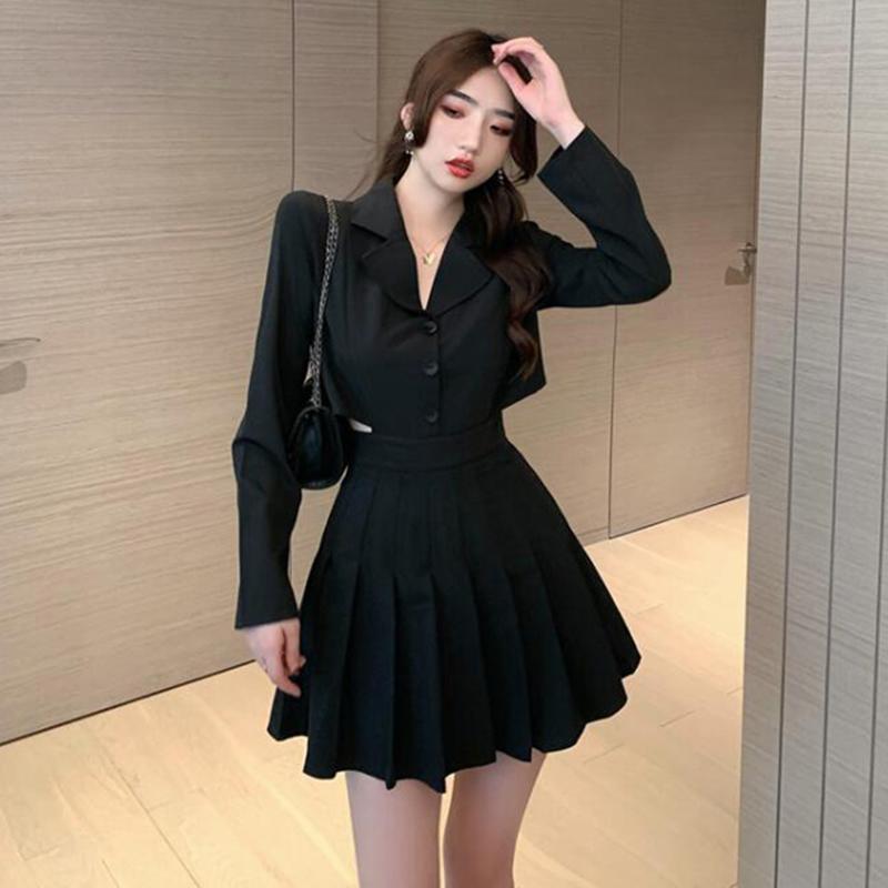 

Casual Dresses Gothic Long Sleeve Pleated Dress 2023 Women Spring Autumn Notched Collar Mini Button Lady Waist Hollow Goth Vestido, Black