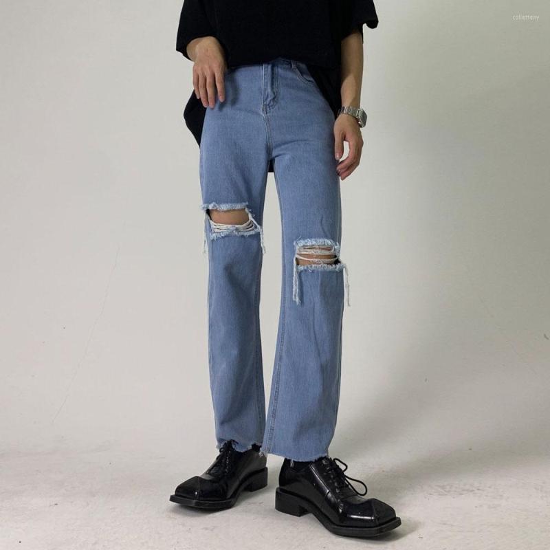 

Men' Jeans Knee Hole Straight Trousers Men Streetwear Vintage Fashion Ankle-length Casual Denim Pants Male Vibe Style, 237
