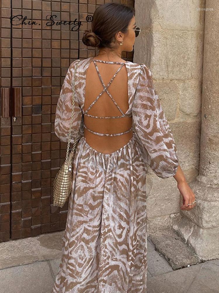 

Casual Dresses Print Elegant Women Dress Midi Backless Summer Sexy Cut Out Long Sleeve Female 2023 Beach Boho Vacation Ladies, 03 blue