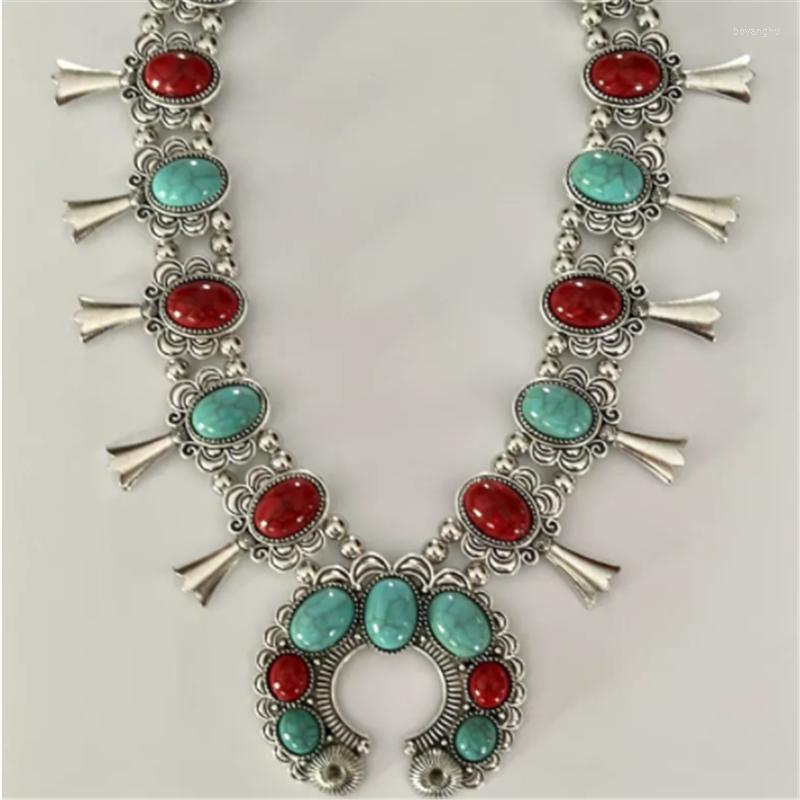 

Choker Red And Turquoise Stone Squash Blossom Flower Bib Necklace Silvertone Beaded Boho CRYSTAL