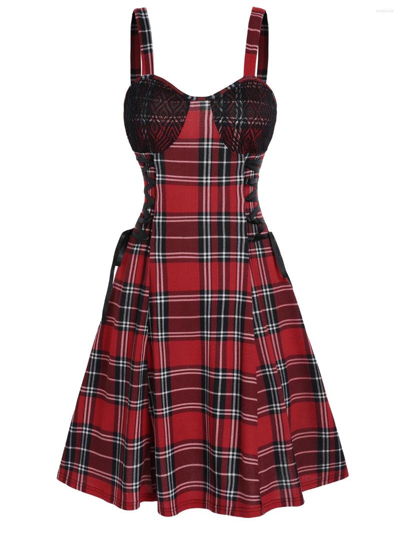 

Casual Dresses Plaid Mini Lace Bust Up Dress Gothic Style Retro Cami High Waist Backless, Deep red