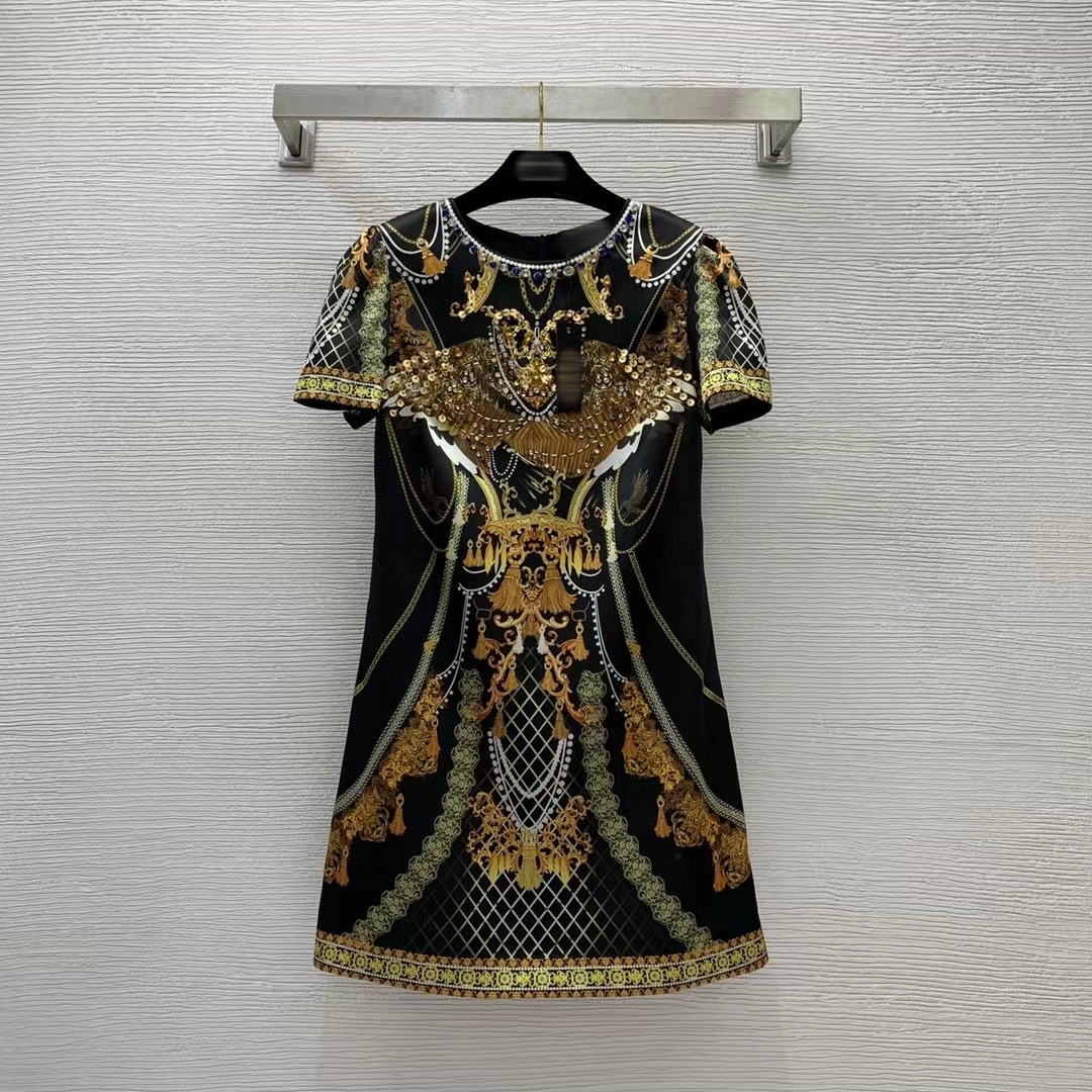 Robe de cr￩ateurs 2023 Spring Summer O cou manche courte Milan Milan Runway Sundress Brand M￪me robes de style 0217-8