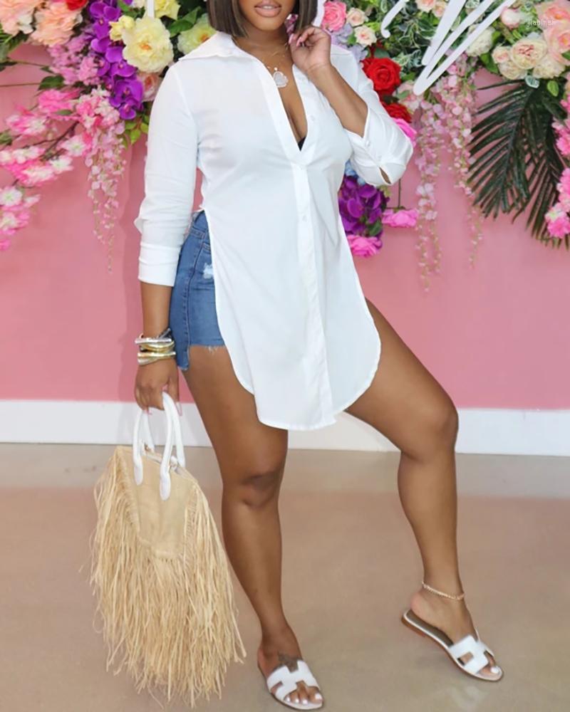 

Women's Blouses Spring Fall Women Plain Button Design Shirt 2023 Femme Fashion High Slit Long Sleeve Top Office Ladies Elegant Outfits Tunic, Multi