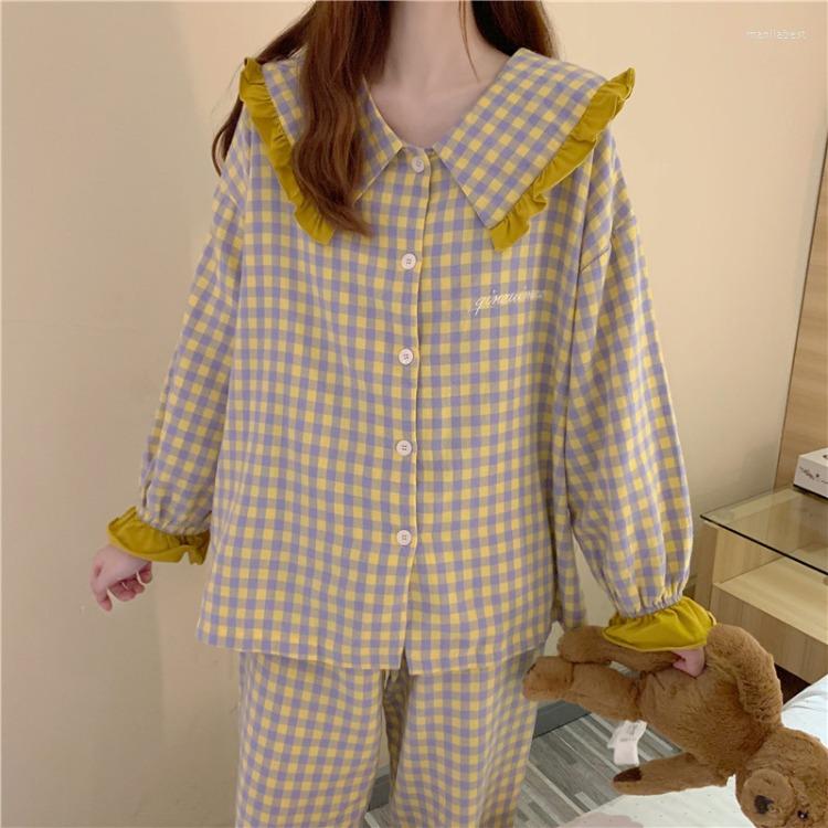 

Women's Sleepwear Autumn Women's Pajama Suit Relaxed-Fit Doll Collar Long Sleeve Plaid Homewear, Huang gewen