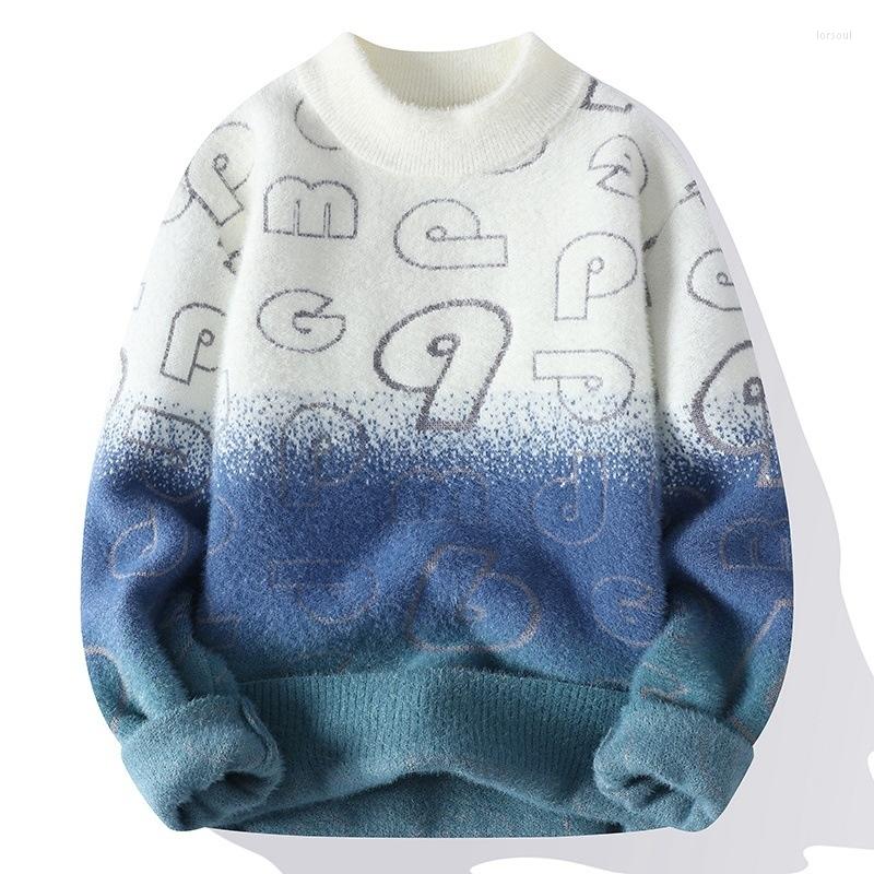 

Men's Sweaters #5898 Gradient Color Mohair Sweater Men Letters Knitted Male O-neck Tight Vintage Spliced Knitwear Winter, Green