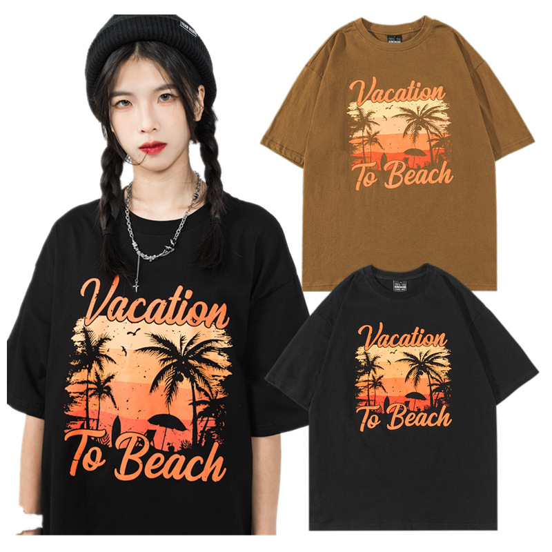 

Women's T-Shirt American Street Coconut Hip-hop Crewneck Short Sleeve T-shirt Men's and Women's Loose Red Brown All-matching Half Sleeve, Aspic