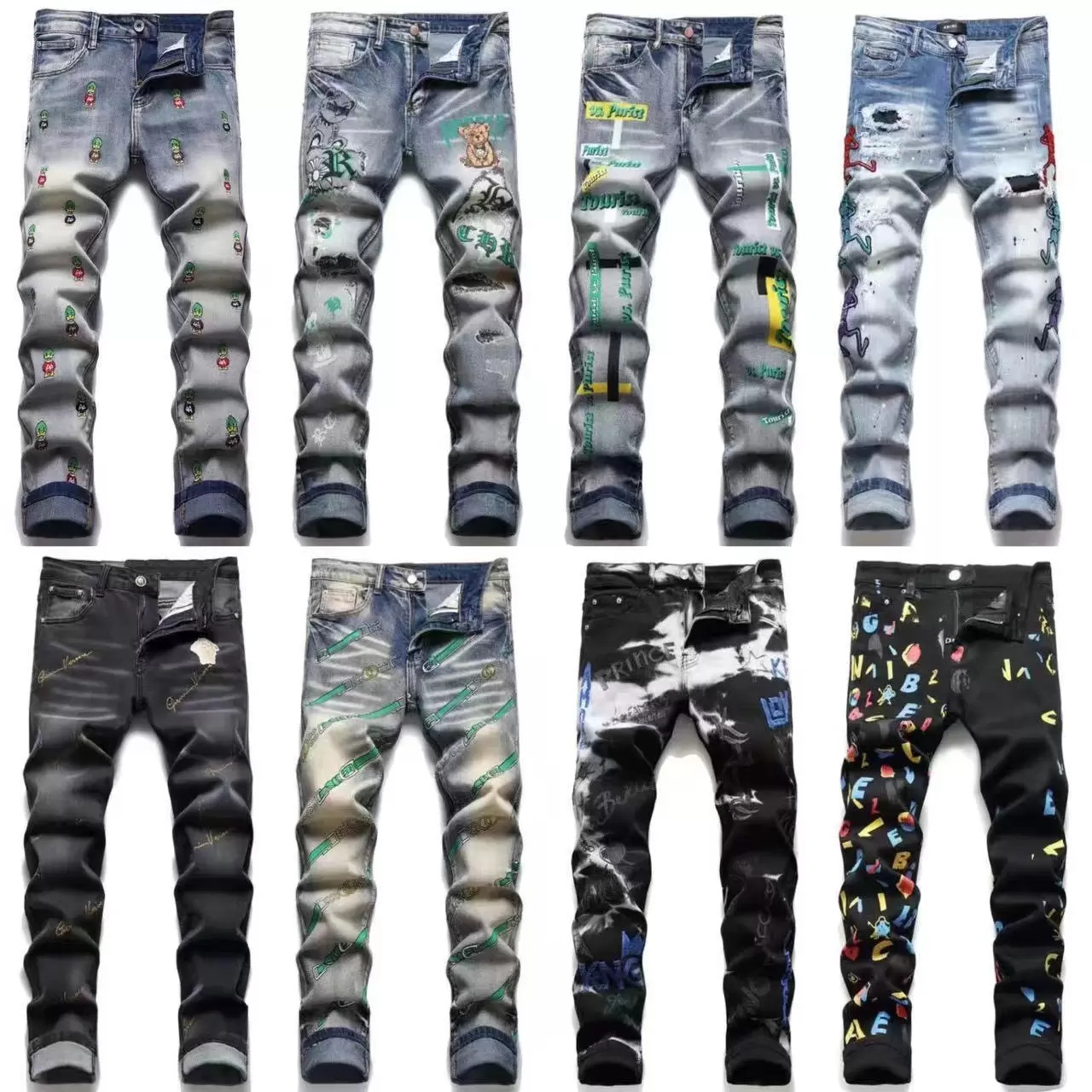 

Men's Jeans European and American men's designer ripped jeans hip-hop high street fashion fashion brand cycling motorcycle embroidery patch letter loose fit pants