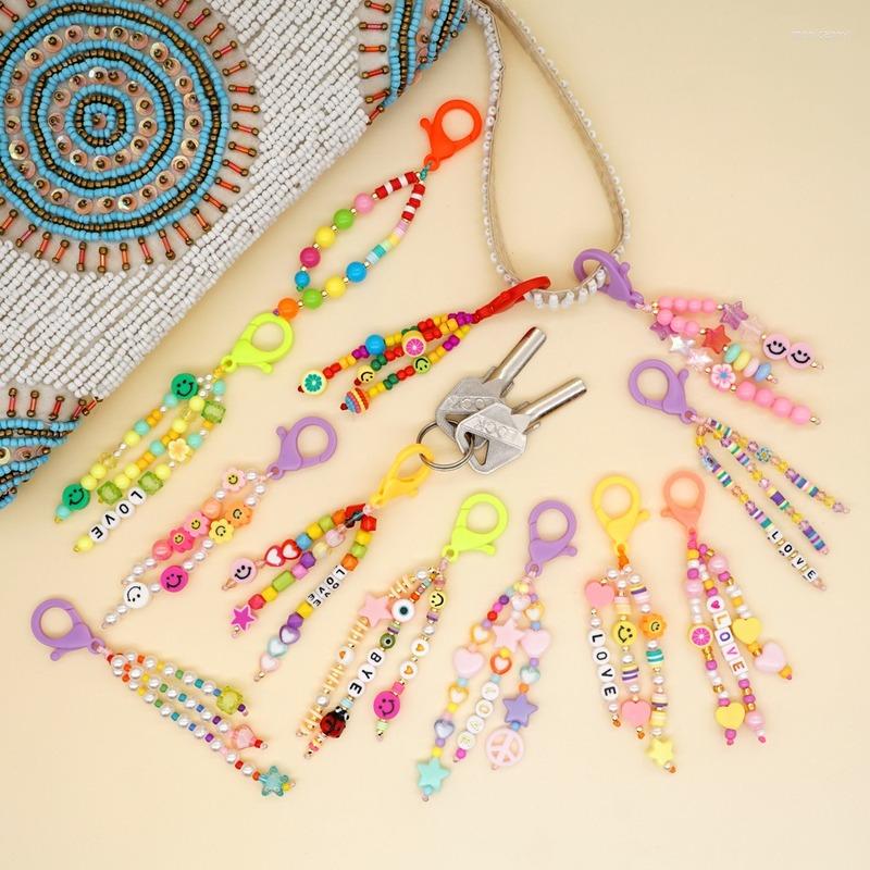 

Keychains Bohemia Rainbow Color Smiling Peart Beads For Women Girls Bag Pendant Colorful Acrylic Heart Star Keyring Car Keychain
