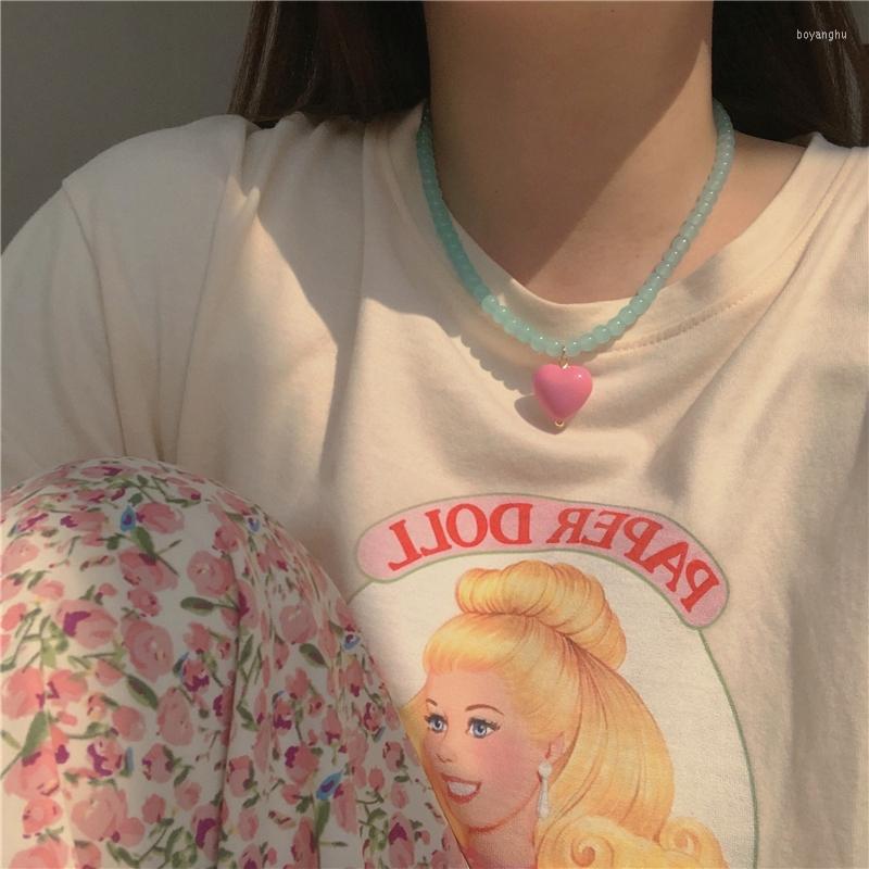 

Choker 2023 Goth Vintage Cute Pink Love Heart Pendant Glass Beaded Necklaces For Women Egirl Fashion Charm Y2K Jewelry 90s Gifts