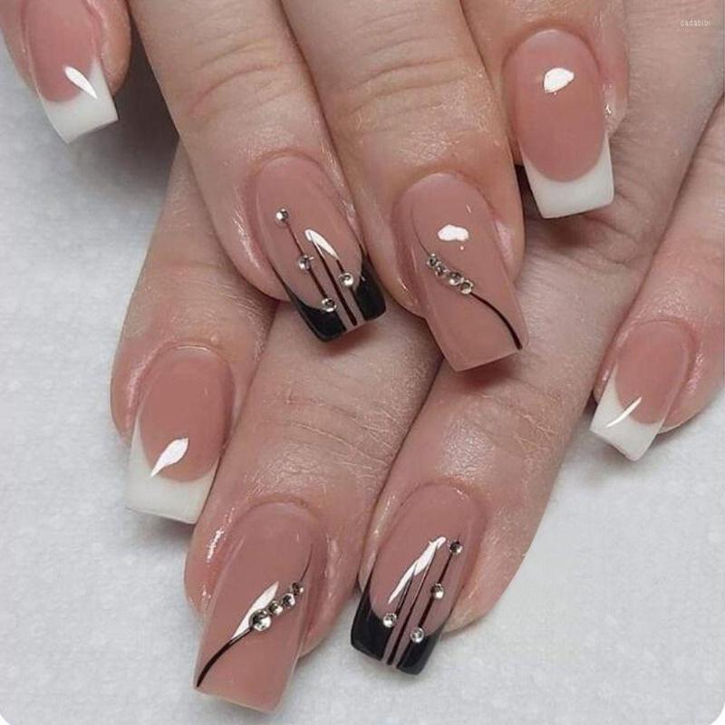 

False Nails Simple French White Black Short With Rhinestone Design Fake Press On Acrylic Full Cover Nail Art Tips, Only false nails