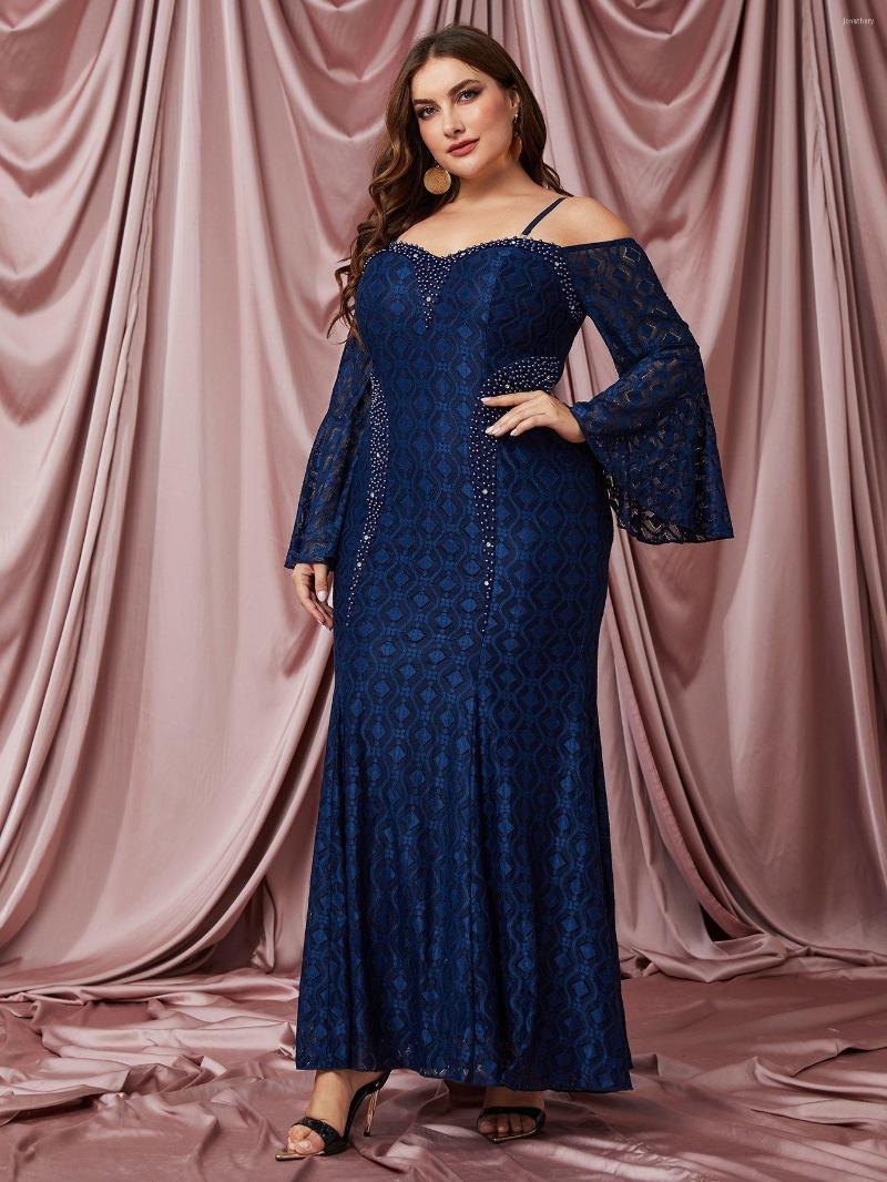 

Plus Size Dresses 2023 Fashionable Style Elegant Suspender Off-shoulder Speaker Long-sleeved Lace Slim Fitting Buttock Ironing Dress, Blue