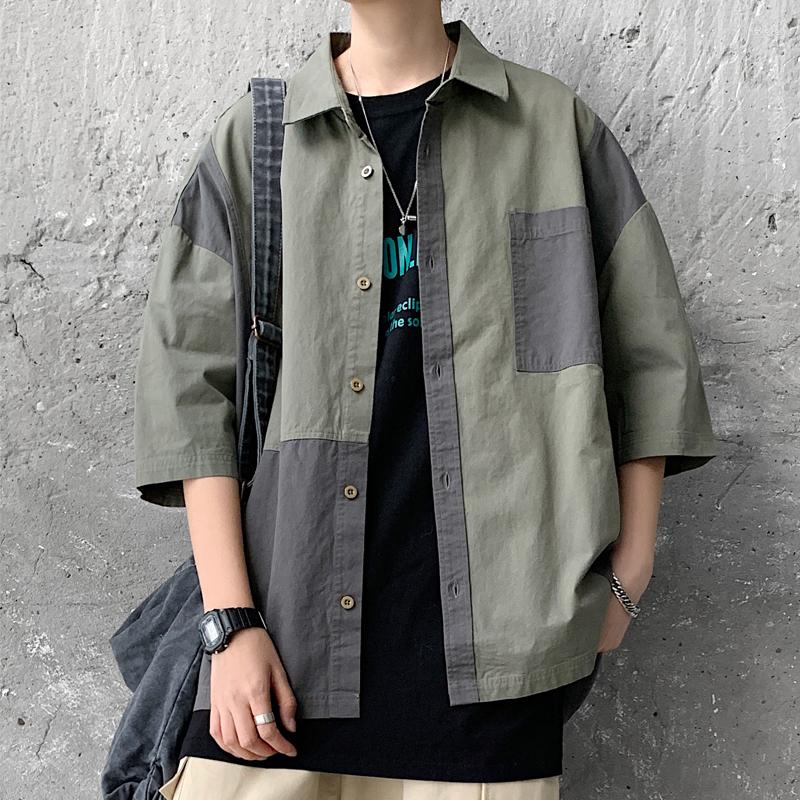 

Men's Casual Shirts Summer Mens Short Sleeve Loose Streetwear Harajuku Japanese Cardigan Blouses, Khaki