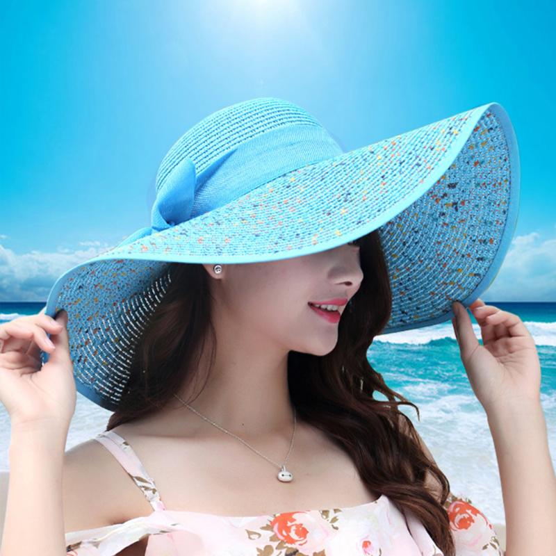 

Wide Brim Hats Spring Summer Foldable Floppy Classic Bowknot Girls Straw Hat Sun Beach UV Protect Travel Cap Lady FemaleWide, White