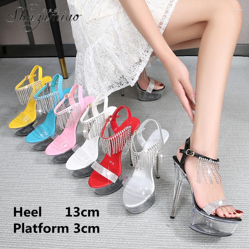 

Sandals Summer Rhinestone Clear Crystal 13CM Super High Heel Fine With Catwalk Girls Sexy Women Stripper Show Pole Dancing Shoes, Red 13cm
