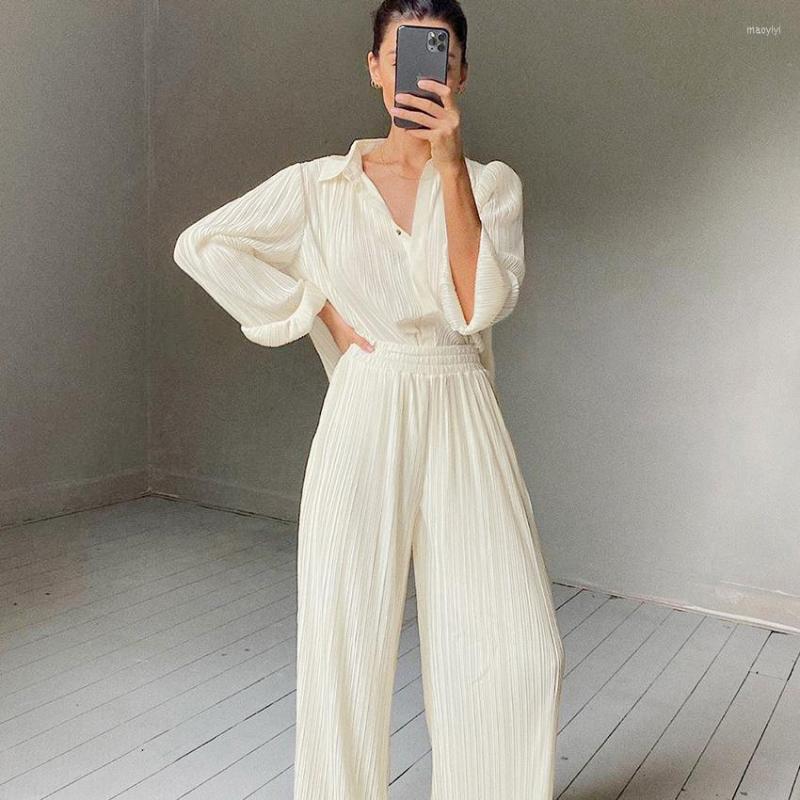 

Women' Tracksuits Amandina Luxe Oversize Pleated Silky Lounge Wear Women Shirt Pants Set, Ivory
