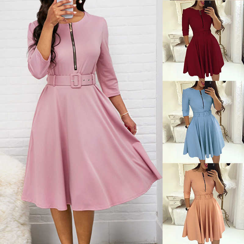 

Casual Dresses Elegant Women Solid Half Sleeve Party Dress Autumn Casual Zipper Knee-length Midi Dresses Ladies Big Swing Club Dress Vestidos L230217, Pink