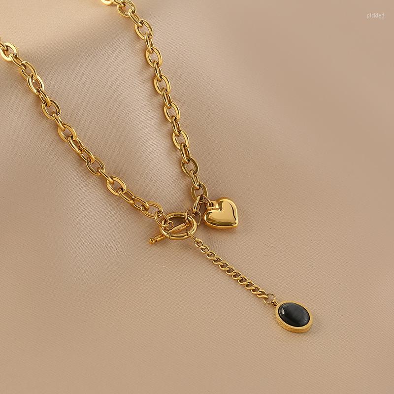 

Choker ENSHIR 316L Stainless Steel Heart Tassel Pendant Necklace For Women Gold Color OT Buckle Thick Chain Punk Party Jewelry