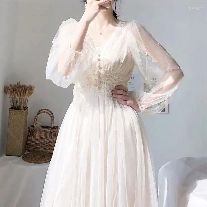 

Casual Dresses Dress Women 2023 Spring Plus Size Midi Elegant A-Line Vestidos Solid Puff Sleeve V-Neck Ladies Lace Mesh, Apricot