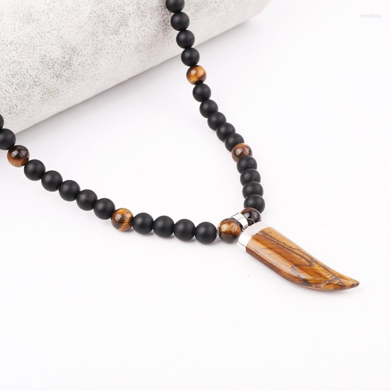 

Pendant Necklaces High Quality 24 Inches Design Natural Stone Black Matte Onyx Tiger Eye Beads OX Horn Necklace For Men