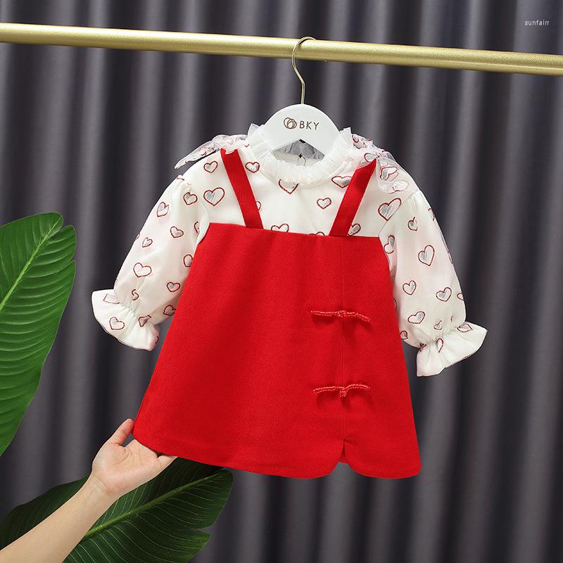 

Girl Dresses Winter Baby Girls Sweet Lace Collar Fairy Dress Warm Princess Fake Two-piece Kids, Red