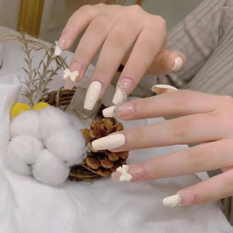 

False Nails 24Pcs French Press On With White 3D Bow Design Wearable Fake Nail For Women And Girl Patch Artificial, Jelly glue model