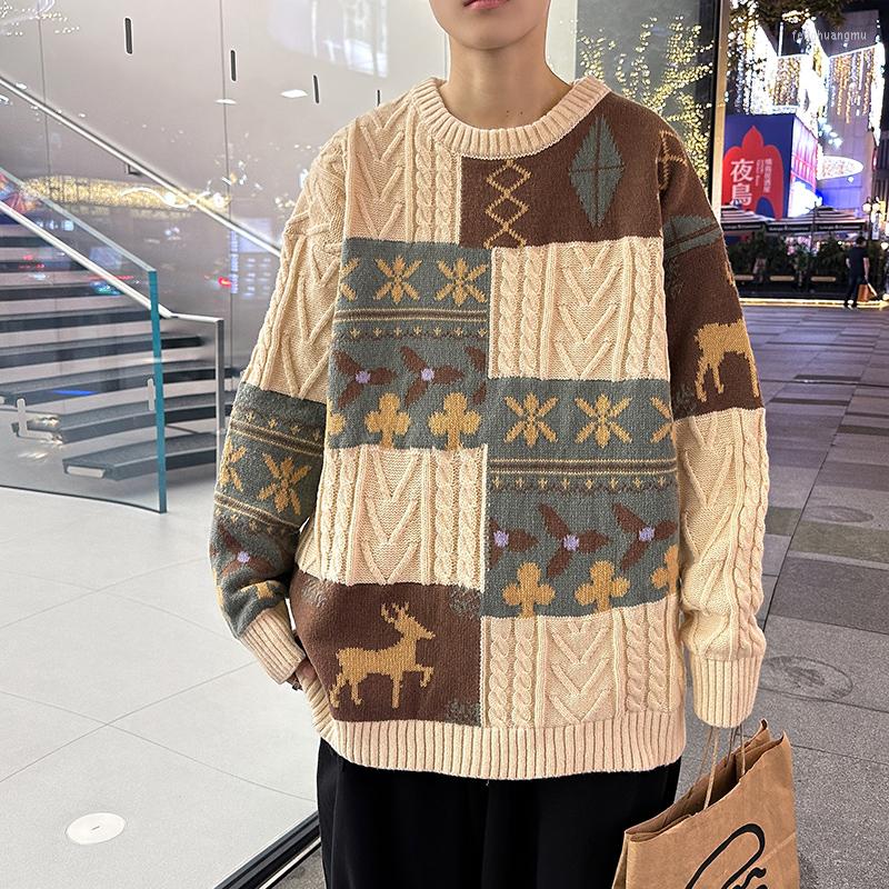 

Men's Sweaters Spring Men's Fashion Versatile Round Neck Pullover Jacquard Deer Plush Retro Lazy Style Relaxed Long Sleeve Teenager, Apricot