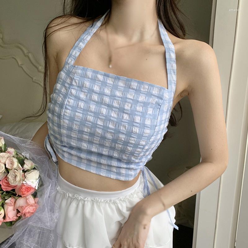 

Women's T Shirts Tanks Crop Top Women's Plaid Halter Lace-Up Slim Exposure Navel Camisole Tops, Picture shown