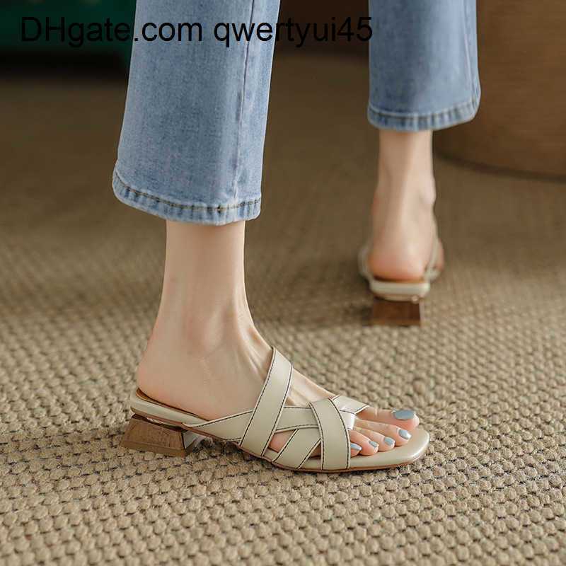

qwertyui45 Summer New Women Slippers Slides Chunky Low Heel Cross-tied Weave Ladies Sandals Fashion Retro Mature Female Outdoor Pumps Shoes 021723H, Brown