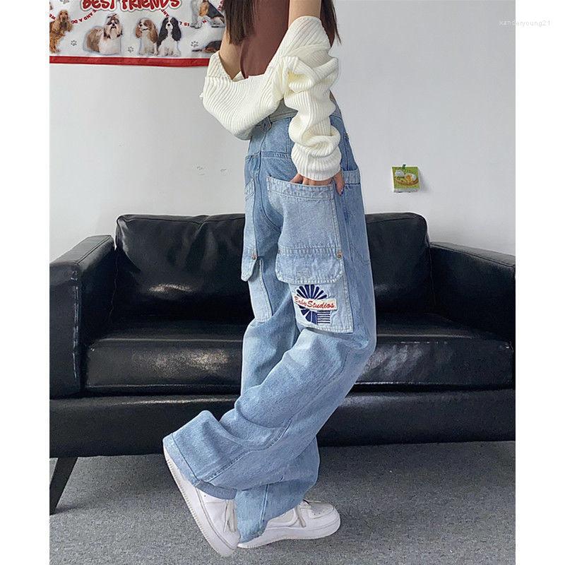 

Women' Jeans 2023 American Street Denim Pants Women' Vibe Style Retro Pocket Embroidery Light Color Loose Large Size Fat Girls Hip Hop, Blue
