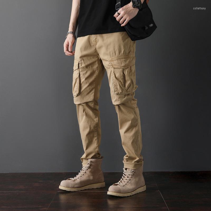 

Men's Pants Men's Overalls Spring And Summer Mid-waist Solid Trousers Cotton Micro-elastic Ordinary Youth Casual Multi-pocket, Khaki