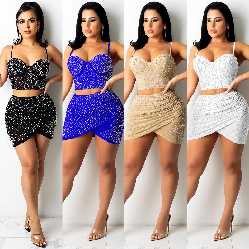 

Work Dresses Personalized Connector Girl 2023 Fashion Sexy Nightclub Mesh See-through Rhinestone Camisole Mid Skirt Two-Piece Set, X5260-black