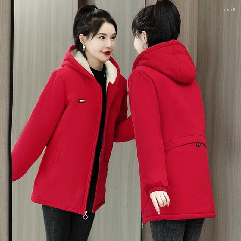 

Women's Trench Coats Women Fleece Thickened Cotton Clothes Female Autumn Winter 2023 Style Pie To Overcome Solid Color Stitching Red Hooded, Pink