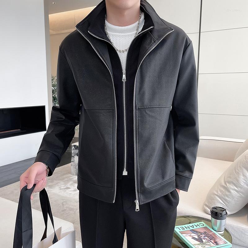 

Men's Jackets 2023 Spring Fake Two Men's Business Casual Slim Bomber Jacket Social Streetwear Coat Stand Collar Zipper Men Clothing, Black