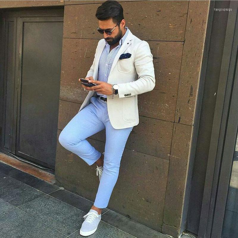 

Men's Suits Summer Beach Casual Men Ivory For Wedding Groom Tuxedo Blue Pants 2Piece Slim Fit Costume Homme Blazer Groomsmen Outfit, Navy blue