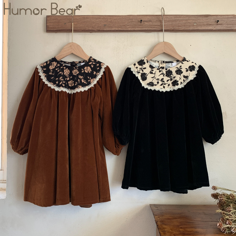 

Girls Dresses Humor Bear Long Sleeve Floarl Patchwork Autumn Winter Velvet Kids Princess Toddler Clothes 230217, Bz112 pink