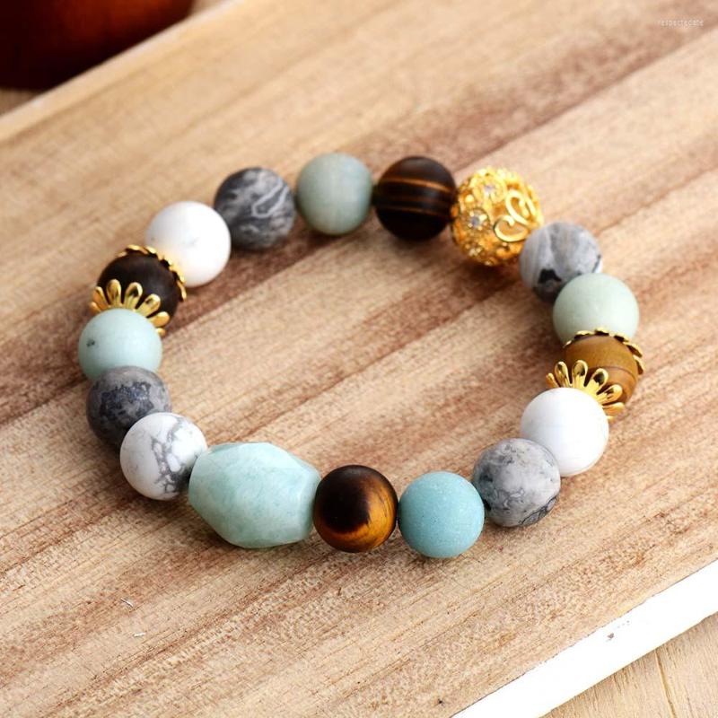 

Strand Women 10MM Matte Beads Stone Gold Plated Zircon Charm Elegant Strands Elastic Bracelets Holiday Jewelry Gifts