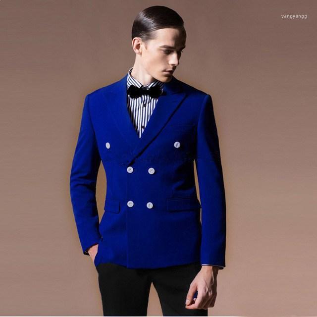 

Men's Suits Men Set Costume Royal Blue Double Breasted Blazer With Black Pants Suit For Wedding Prom Printing Coat Tuxedos