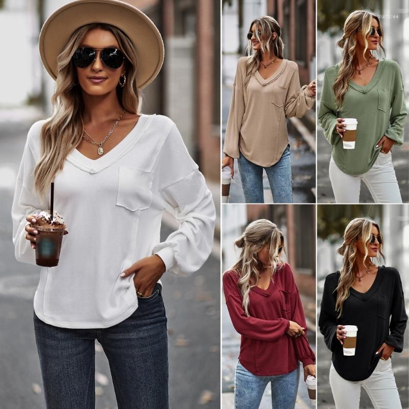 

Women' T Shirts Women Autumn Casual Blouses Lantern Long Sleeve V-Neck Simple Solid Color Loose Pullover Top With Chest Pocket, Black