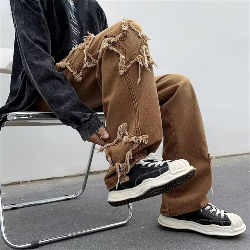 

Men's Jeans 2023 Fashion Stars Towel Embroidery Brown Baggy Men Pants Y2K Clothes Straight Hip Hop Cotton Trousers Pantalon Homme