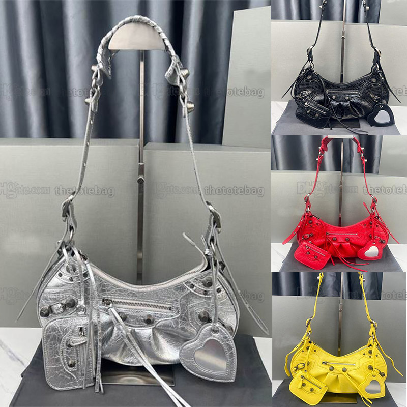 

Lady Le Cagole Motorcycle shoulder Bag Rivet Leather Fashion with Chain Half Crescent crossbody bags clutch wallet purse luxury Designers Retro Vintage Handbag, Silver