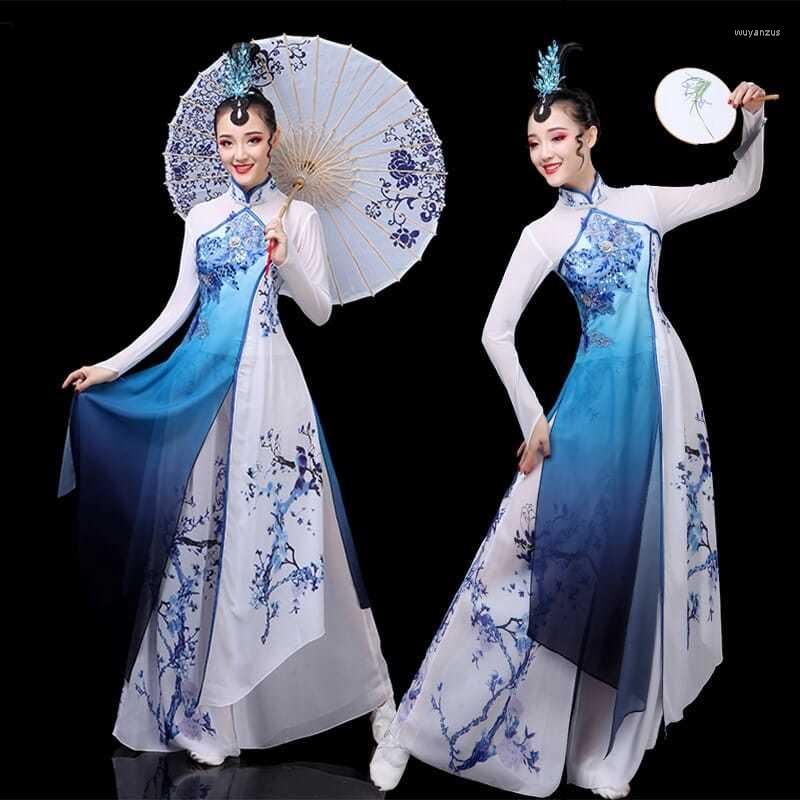 

Stage Wear 2023 Chinese Traditional Classical Dance Costume Female Elegant Cheongsam Fan Ancient Ink Style G777, Color1