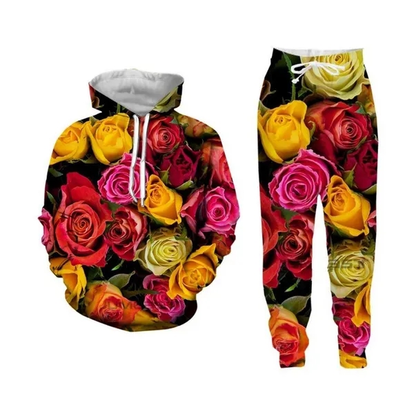 

New Men/Womens Beautiful Flowers Funny 3D Print Fashion Tracksuits Crewneck Hip Hop Sweatshirt and Pants 2 Pcs Set Hoodies, Multi