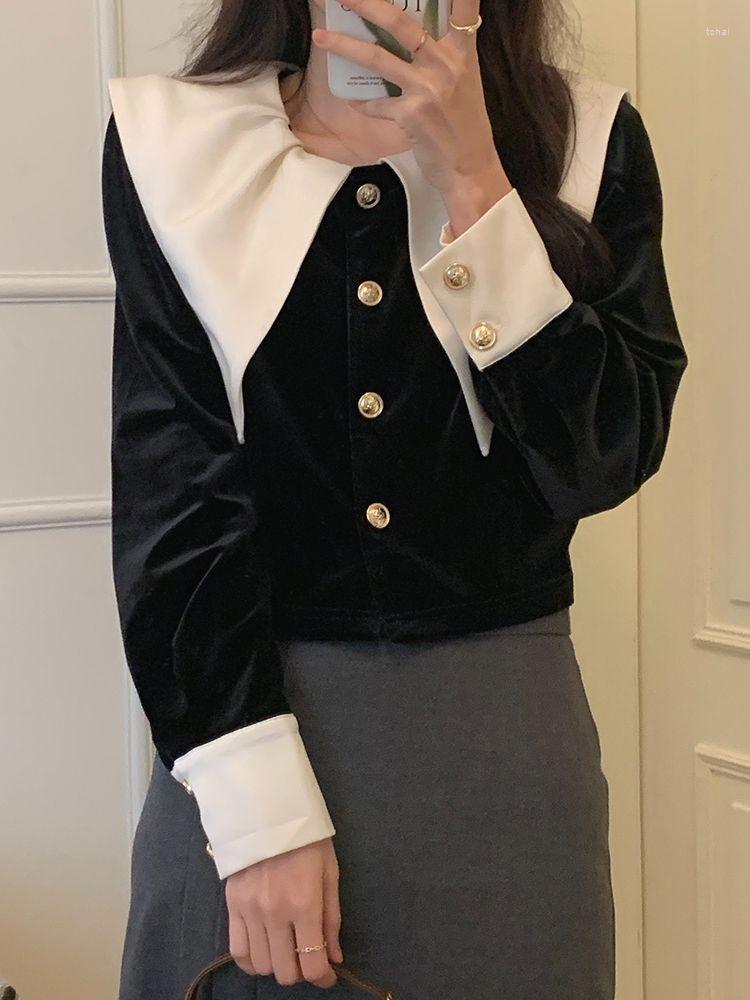 

Women's Blouses Alien Kitty Korean High Waist Velvet Shirts Women Lady Office Wear Gentle Girls Chic 2023 Casual Streetwear OL Slim Tops, Black
