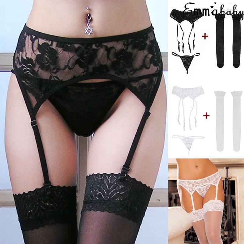 

Women's Panties 3pc Sexy Lace Garter Belt With Matching Thong And Sheer Thigh High Stocking Set Exotic Accessories, Black