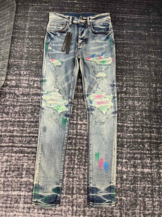 

Men's Jeans Highend customization Blue Ripped Patch Colored Graffiti Slim Fit Small Feet Man 230217