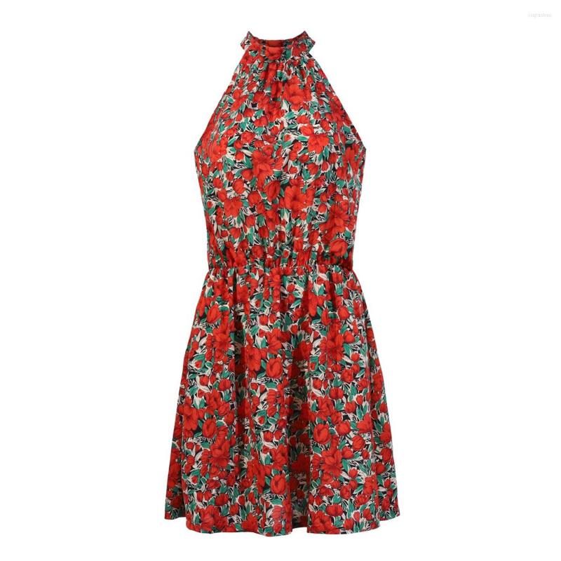 

Casual Dresses Summer Sexy Halter Lace Up Floral Print Dress Vintage Sleeveless Beach Party For Women, Red