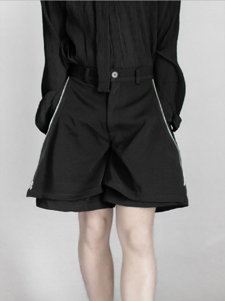

Men' Shorts Summer Black Personality Zipper Splicing False Two Layer Design Wide Leg A Edition Casual Fashion